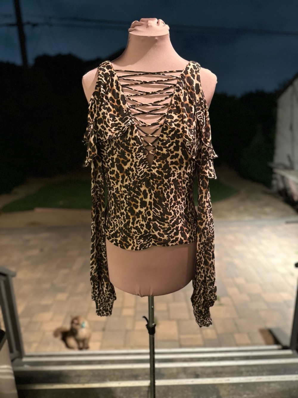 AFRM Leopard Cold-Shoulder Lace-Up Blouse - Brown Black
